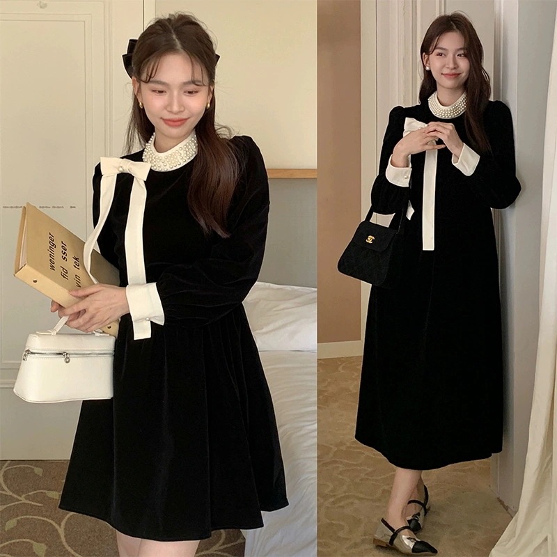 デザイン　インスタ　長袖ベルベットス　着痩せ　優雅ドレス