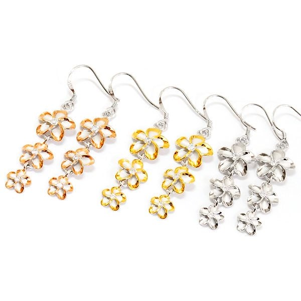 ハワイアンジュエリー フックピアス プルメリア 花 3連 クリアジルコニア装飾 レディース シルバー925 ピンクゴールド/イエローゴールド/シルバー
