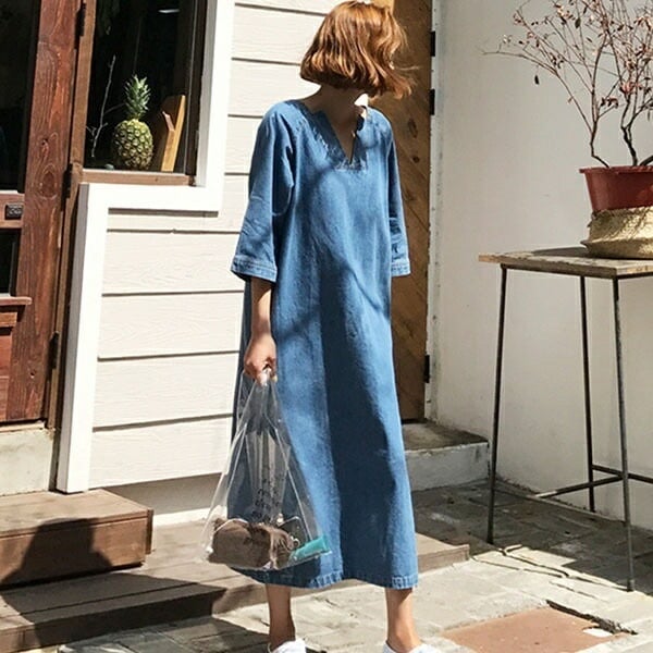 HOT!!!デニムワンピース ロング丈 きれいめ Vネック デニムワンピ 可愛い ゆったり 通勤 春秋 レディース 30代 40代 女子会 おでかけ 旅行 S M L XLd1232s1