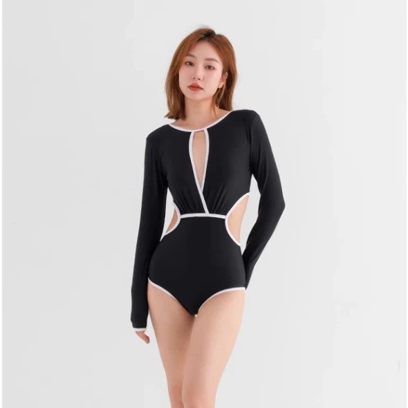 水着 スイムウェア レディース ワンピース 体型カバー ワンピース水着 ワンピース 体系カバー 二の腕カバー 長袖 リボン 切り替えデザイン 伸縮性 胸元 谷間 谷間魅せ 盛れる セット かわいい 大