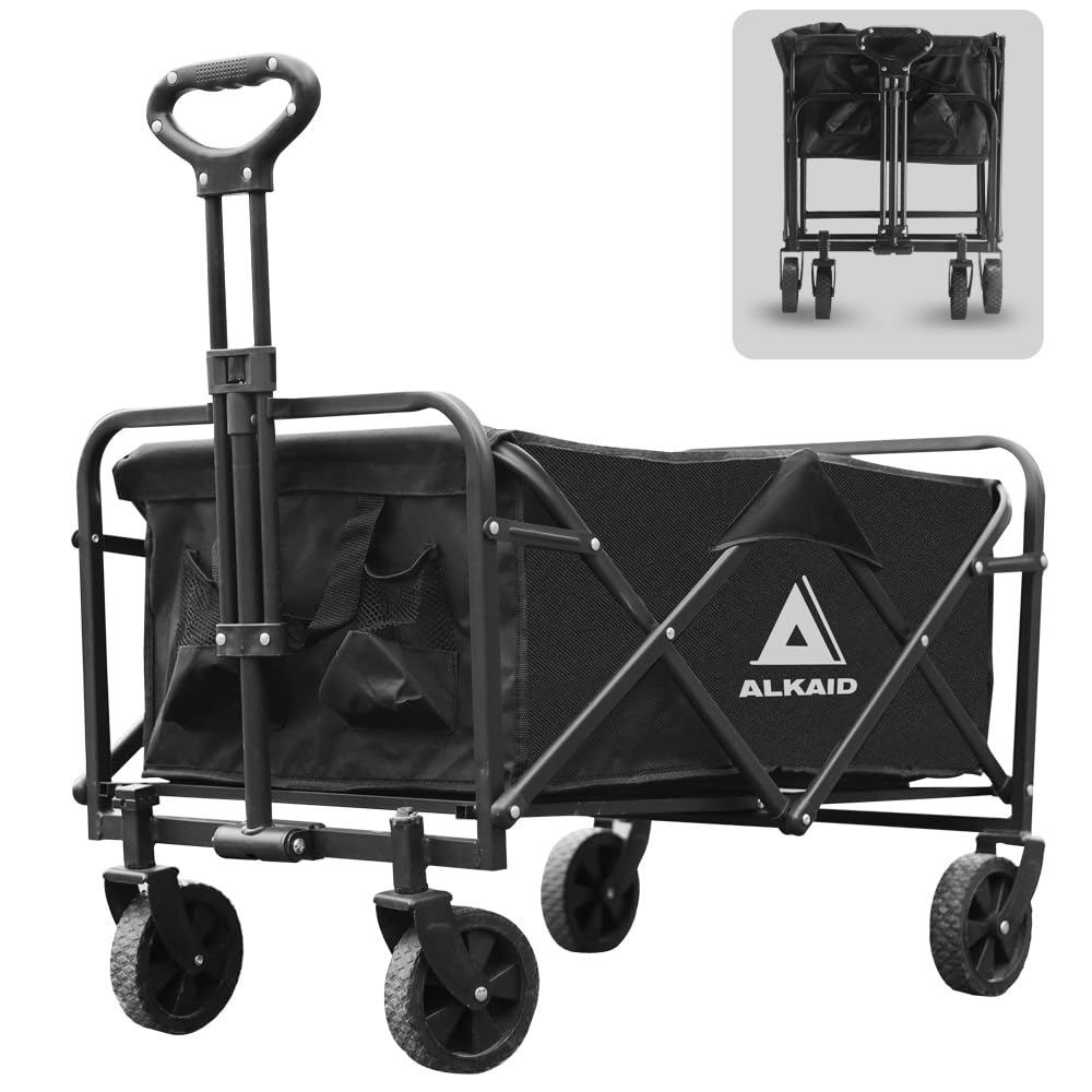 ALKAID キャリーワゴン 大容量 アウトドアワゴン キャリーカート 折りたたみ式 BBQ 釣り キャンプ 耐荷重150kg コンパクト収納 (中型（ブラック）)