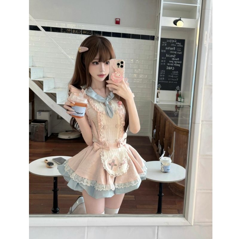 【急速発送】バブリースリーブ半袖トップスリボンストラップポンポンスーツ乙女感が甘くてアイドル衣装 ロリータ