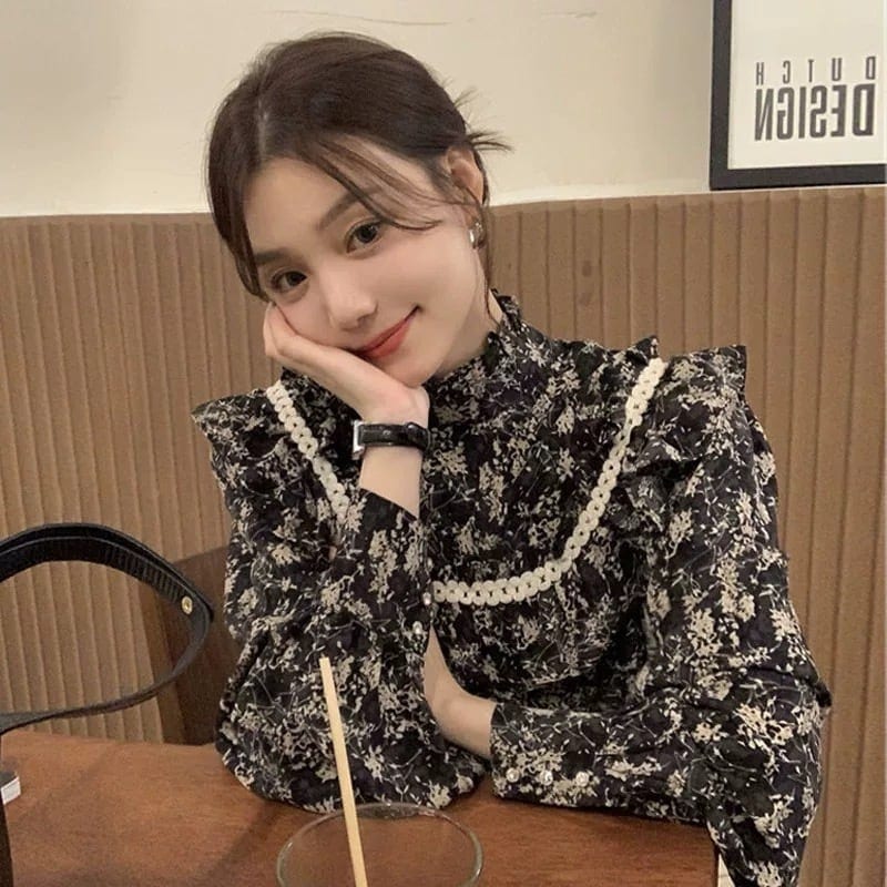 トップス シャツ ブラウス レディース 長袖 ボリューム袖 ハイネック 襟なし スタンドカラー フェミニン フリル 前開き フランスレトロ 大人可愛い きれいめ 上品 おしゃれ レトロ エレガント 存