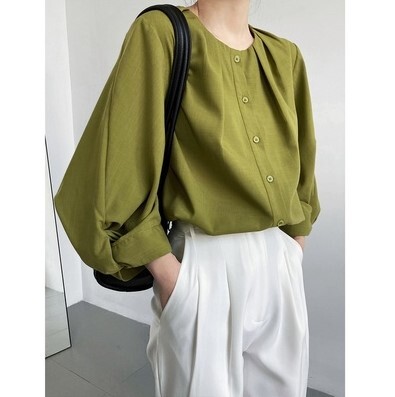 トップス ブラウス ボリューム袖 オフィスカジュアル きちんと感 かわいい きれいめ カーディガン 袖あり 半袖 5分袖 Uネック ラウンドネック 襟なし ワイド 綿 薄手 コットン 可愛い 大人