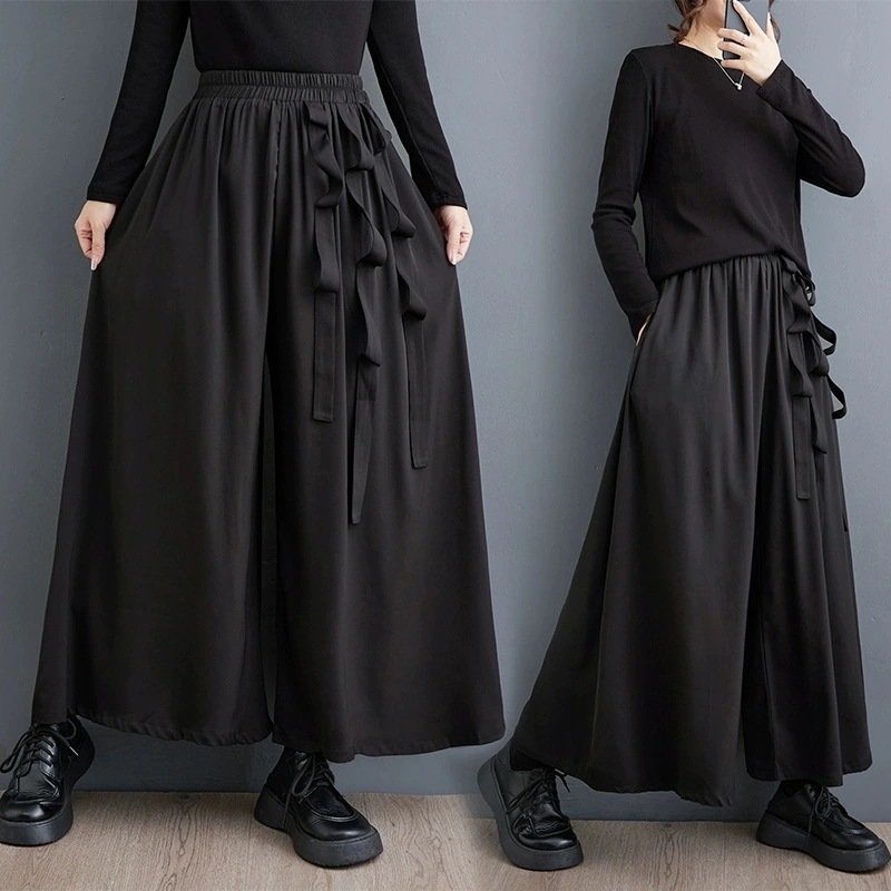 黒ワイドパンツ新型キュロットパンツ 九分ズボンスカート フレアーパンツ
