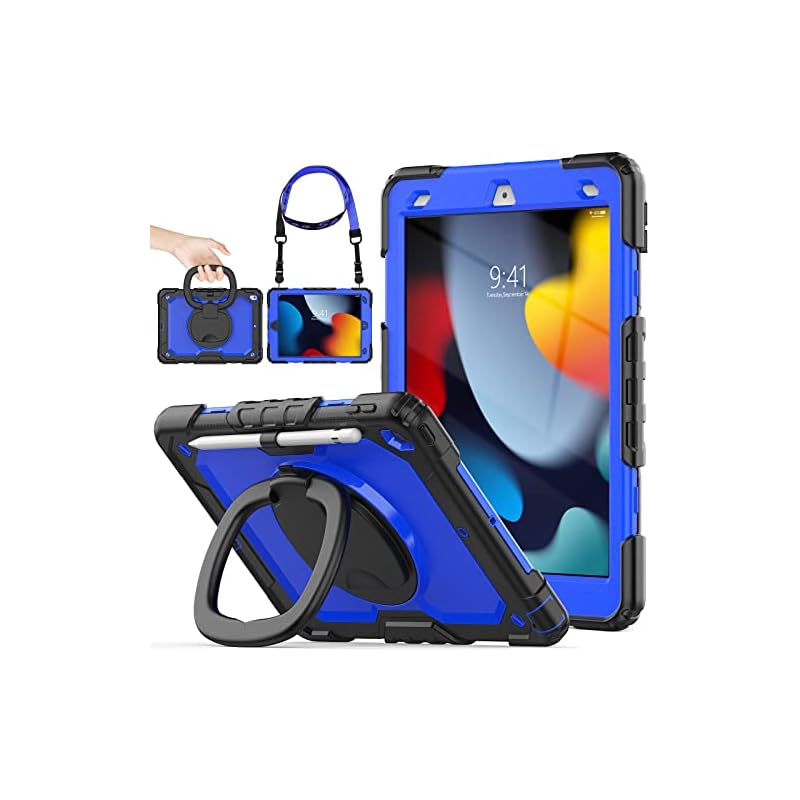 SEYMAC stock iPadケース 第9/8/7世代 リングハンドル耐衝撃ケース 10.2インチ専用 ペン収納 ショルダーストラップ フィルム付きフレーム (ブルー+ブラック)