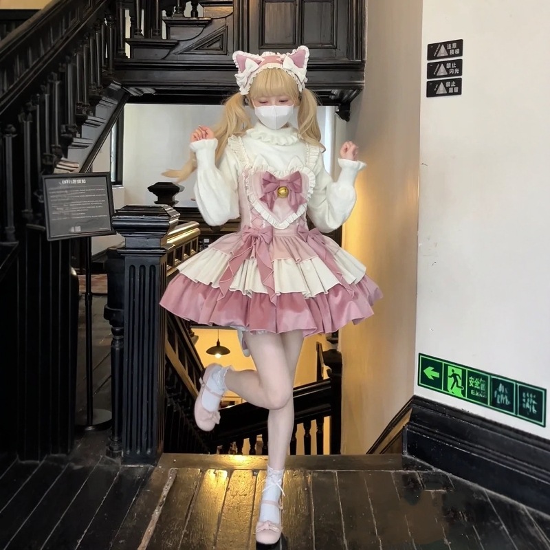 Lolita正規品秋冬パイルjskワンピースロリータグラデーションピンク日常3段プリンセスドレス