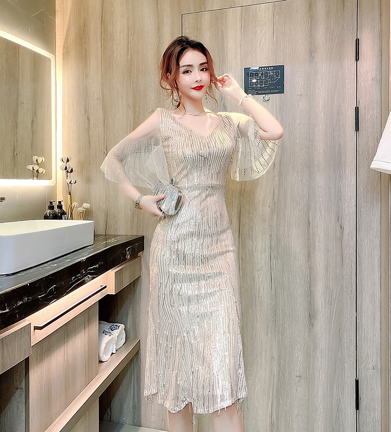 レディース ワンピース スパンコールドレス Vネック 膝丈ワンピース 肩見せ タイトワンピ 大人可愛い ママコーデ ママファッション 韓国 オルチャンファッション 人気 トレンド 新作 20代 30代