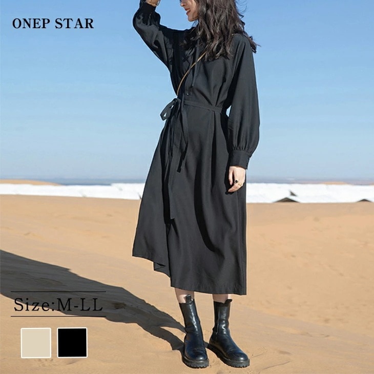 【在庫一掃】ワンピース ロング ミモレ ミモレ丈 長袖 二腕カバー モード モード系 モノクロ リボン ウエスト カジュアル お出かけ 旅行 シンプル 無地 レディースファッション 20代 30代 4