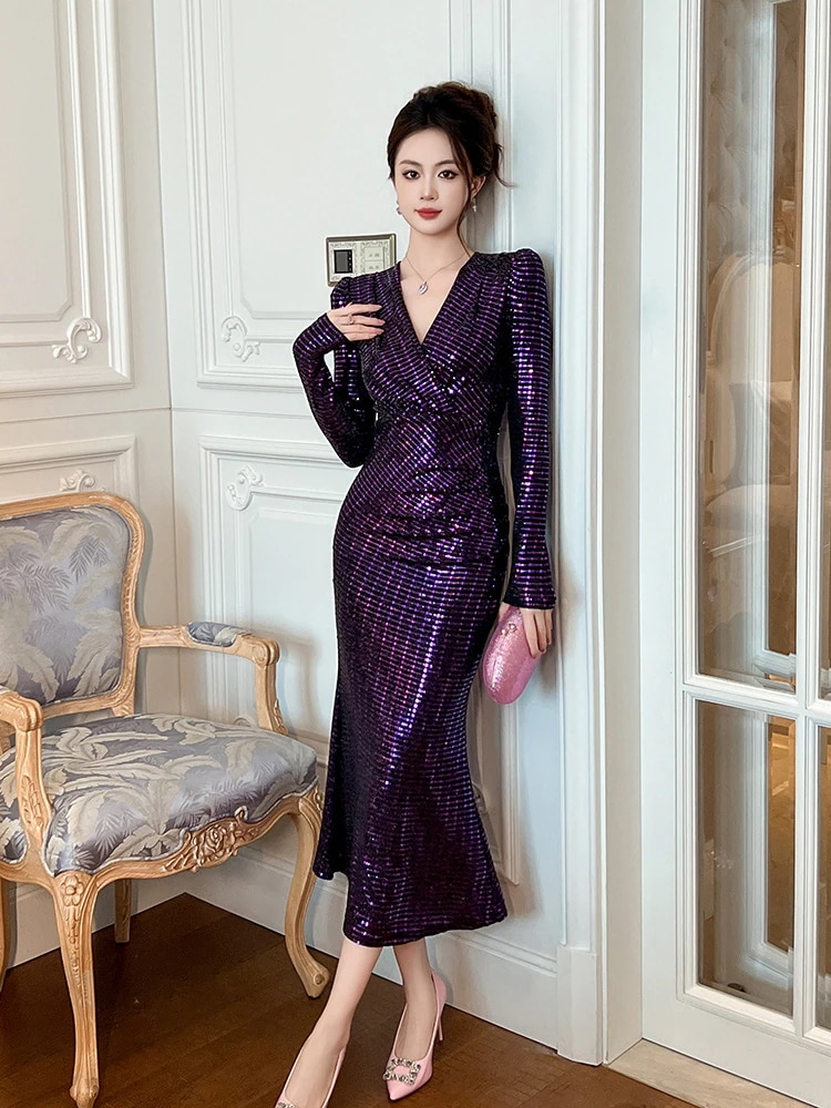 キラキラ vネック 秋冬 セクシー スリム ドレス パーティー キャバ 大人 同窓会 披露宴 卒業式 結婚式 成人式 ウェディング 二次会
