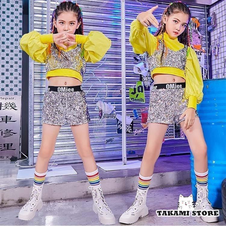 ジャズダンス衣装 HIPHOP ダンストップス Tシャツ ショートパンツ 演奏会 応援団 韓国ダンス 衣装 キッズ チア チアガール キラキラ スパンコール