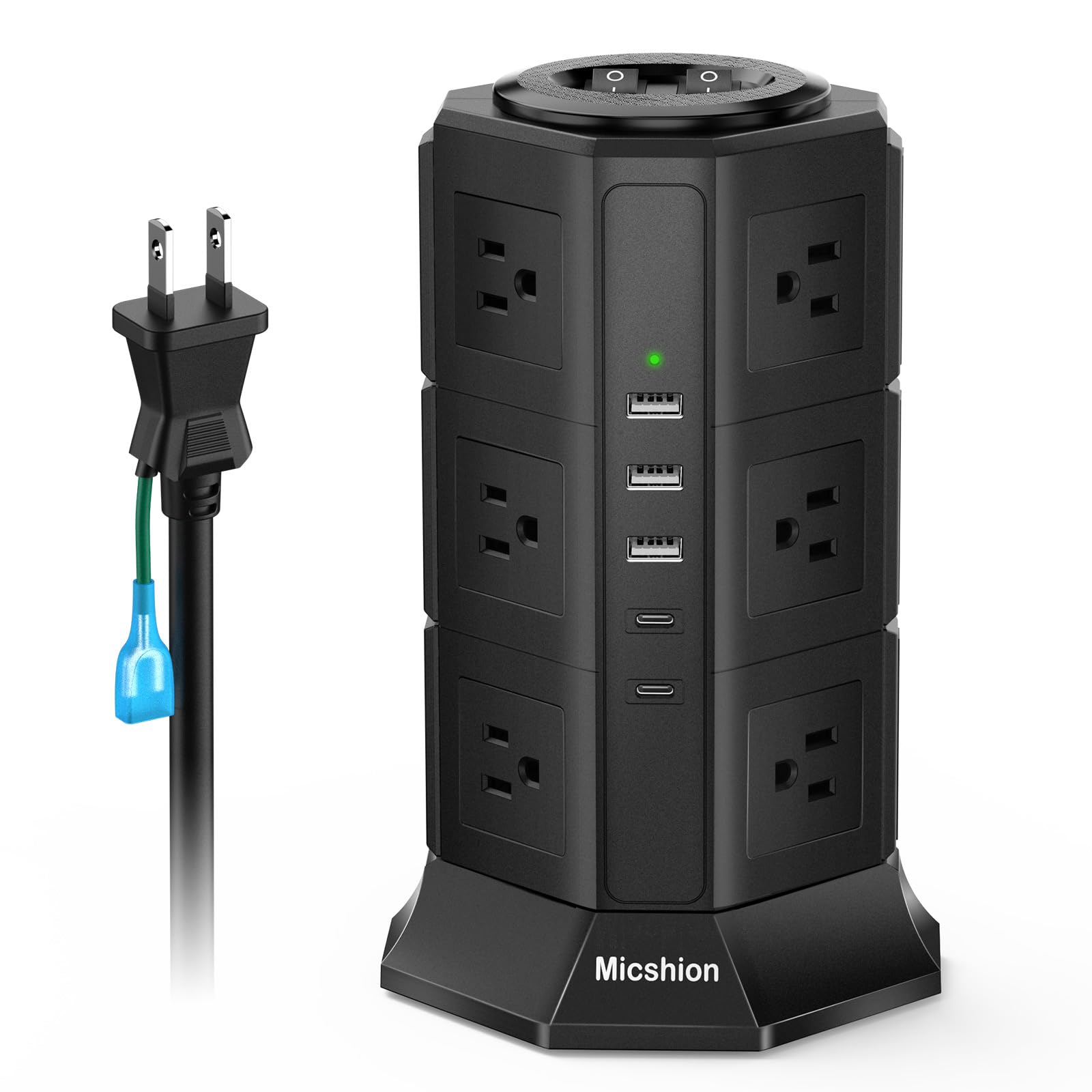 電源タップ タワー型 5個USBポート (2個USB-C+3個USB-Aポート) 12個コンセント 2m 急速充電 個別スイッチ 3段 コンセントタップ 過負荷保護 安全保護機能 78606