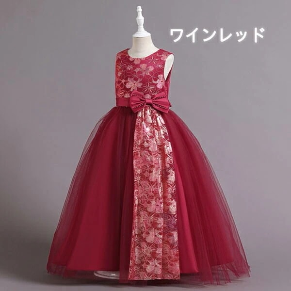 激安セールピアノ発表会 ドレス 中学生 女の子 キッズドレス 花柄 和柄 ロング丈 ガール 子供ドレス ノースリーブ リボン 演奏会 フラワーガール ベールガール リングガール プリンセスドレス ブラ