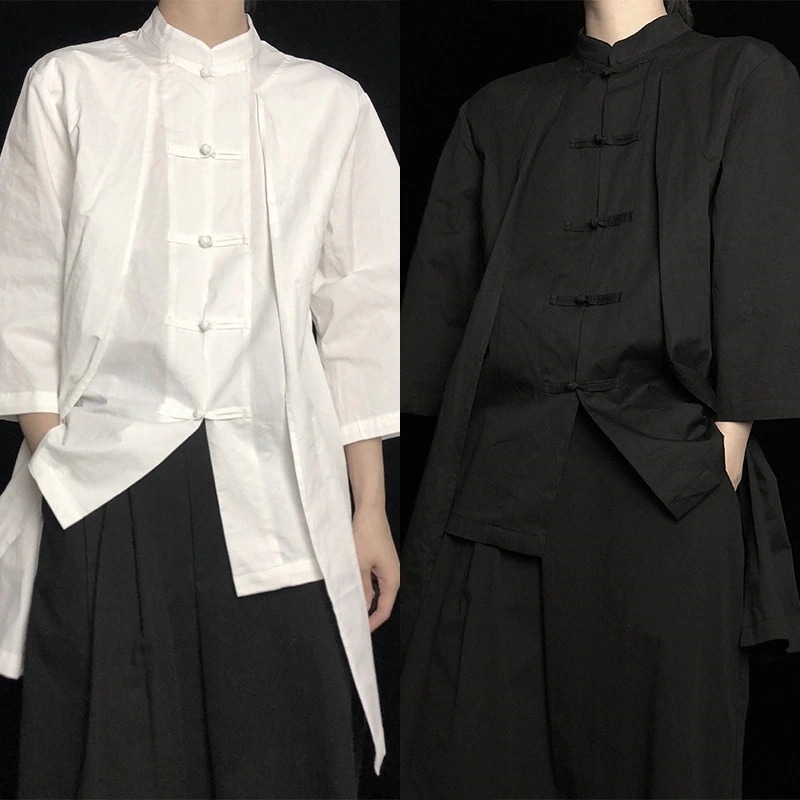 【急速出荷!】チャイナ風シャツ メンズ 重ね着風トップス レディース ブラウス 唐装 ロングシャツ 七分袖 かっこいいシルエット ゆったり 着痩せ