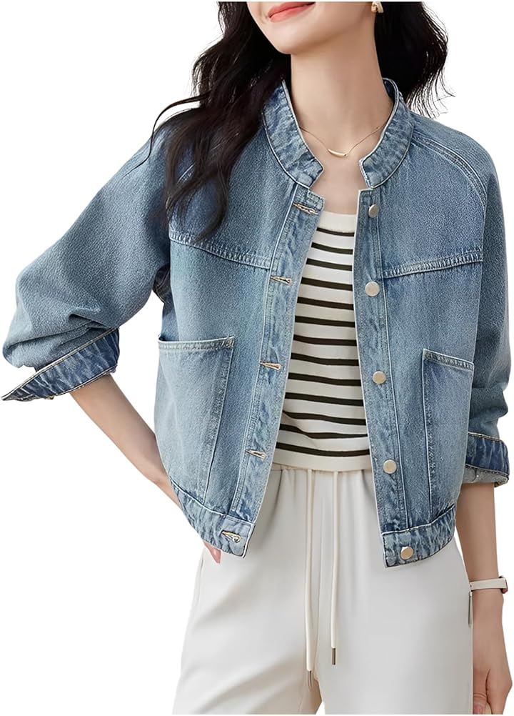 デニム ジャケット ジージャン レディース 羽織り アウター 上着 カジュアル (ブルー, L)