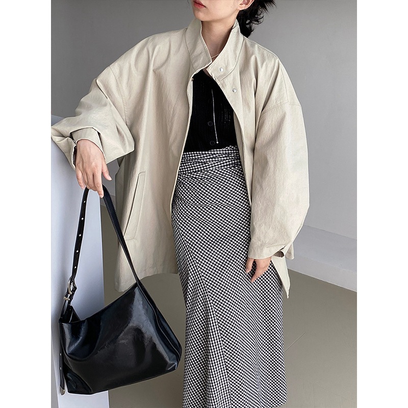 江左重工業シルエットミドル丈ウインドブレーカージャケットレディース秋ワークウェアスタイルルーズカジュアルスタンドカラートップス1190