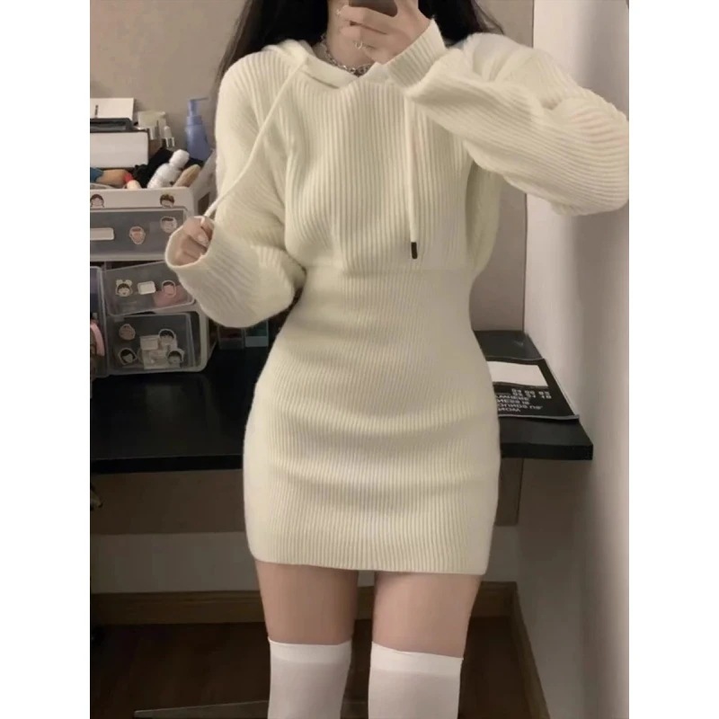 【1つ買うと10つ無料】ニットヒップスカートドレスホワイトフード付き女性2025秋と冬のウエストスカートボトムスカート