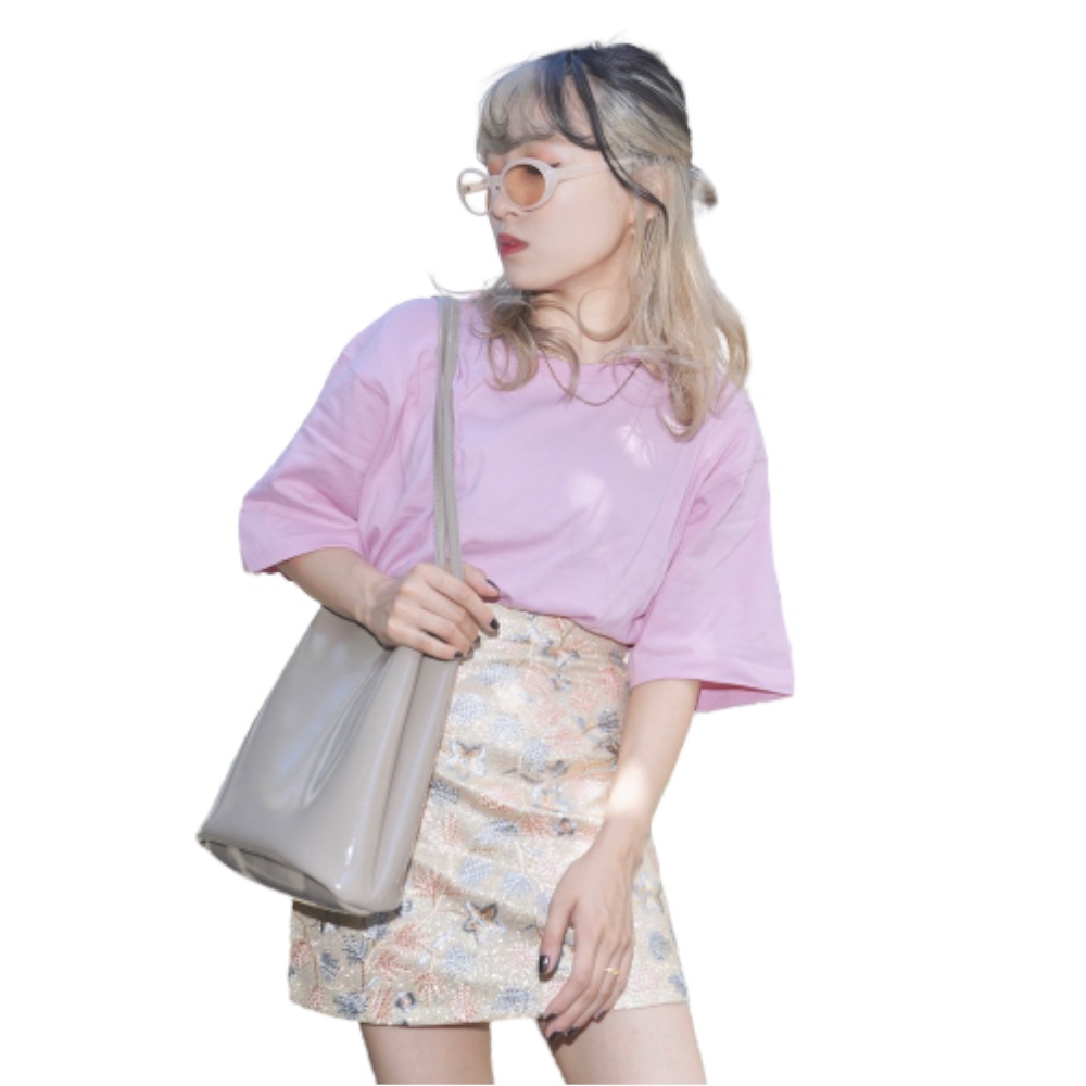 Basic T-shirts&Glitter Flower Mini Skirt 2P SET (pink&beige) A,D,G レディース