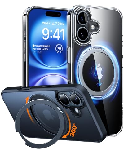 iPhone 16 用 ケース【多機能360度回転スタンド】縦横両対応 ハルバッハマグネット搭載 MagSafe対応 米軍MIL規格耐衝撃 リング 指紋防止 黄変防止 マット マグセーフ対応 レンズ保
