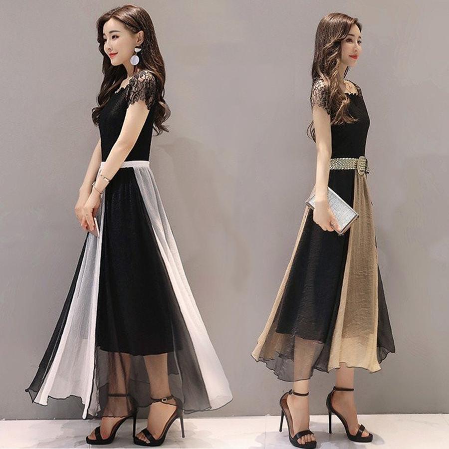 シフォン 夏 きれいめ ロング丈 ワンピース パーティードレス マキシワンピース 半袖 レディース