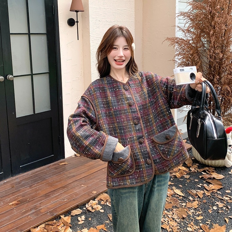気質ショートジャケット2024秋モデル優しいレトロチェック織ルーズスモールコート