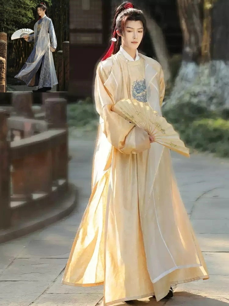 エーテル感 メンズ漢服 仙剣風 神様風 ハロウィン衣装 黄 紺 ベルトとキカイ刺しゅうケープ追加可 長袖漢服 ケープ 唐風円領袍 円領衣 中国伝統衣装 団体服 唐制 華衣装 長袖 スカート 華流コスチ