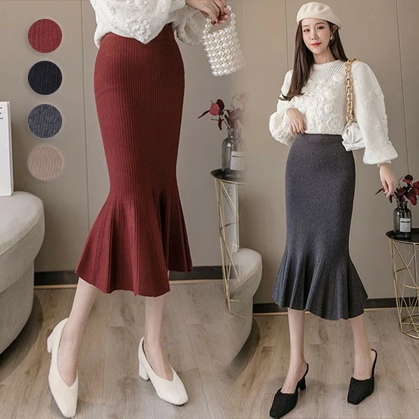 ニットスカート レディース マーメイドライン ストレッチ ミモレスカート 春秋 秋冬 ひざ下丈 マーメイドスカート タイト シンプル 着痩せ 着心地抜群 美脚ライン きれいめ 黒 ブラック ベージュ