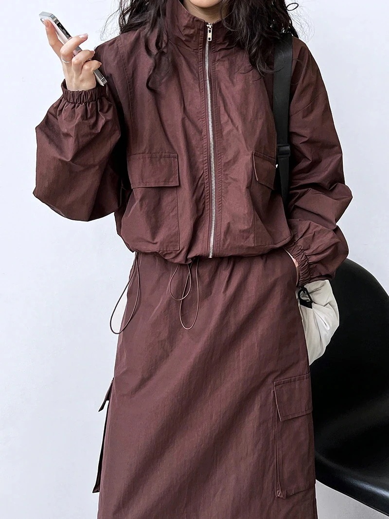 ショートジャケットコート＋ドローストリング半身スカート ツーピースアウトドアスポーツワークウェアスーツ セットアップ