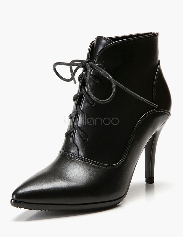 レースアップPUレザーポインテッドトゥのブーツ