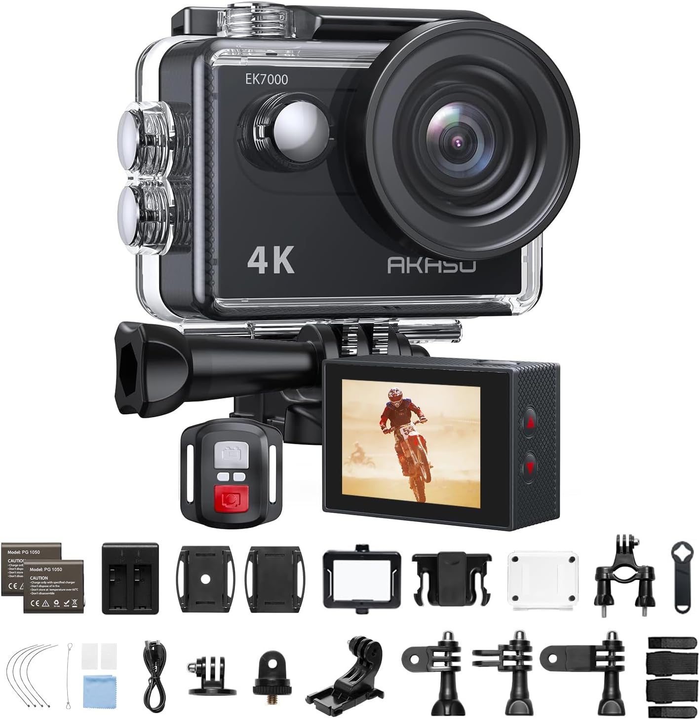 AKASO アクションカメラ EK7000 4K30FPS 20MP 水中カメラ WiFi搭載 外部マイク対応 40M防水 HDMI出力 170度広角レンズ リモコン付き 1050mAhバッテリー2個