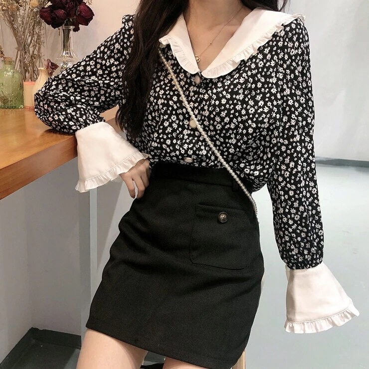 ブラウス　トップス シャツ　襟付き　ビッグカラー　甘め　春　秋　フレア　ワイド　オーバーサイズ　フリル　シフォン　レース　デート　キレイ目　エレガント　フェミニン　韓国　おしゃれ　清楚感　ガーリー