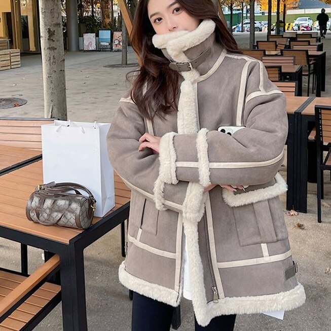 冬の新作鹿革ラム毛機関車外套女性ショート丈韓国版ゆったり毛皮一体厚手外套is減齢厚手保温毛皮外套