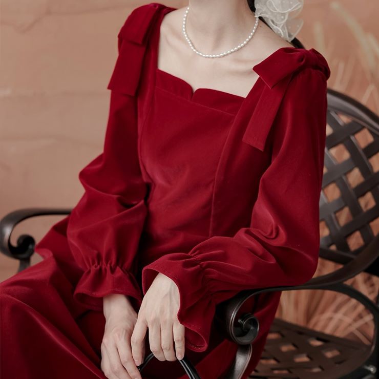 スクエアカラーベルスリーブベロアドレス パーティードレス ワンピース 結婚式 披露宴 卒業式 入学式 発表会 二次会 フォーマル 20代 30代 40代 大人 レディース 春 夏 秋 冬