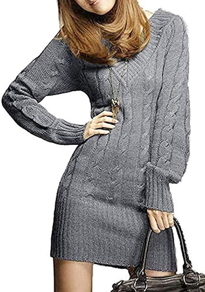 アスペルシオ 長袖 ニット セーター ケーブル編み レディース ニットセーター ワンピース 膝丈 灰