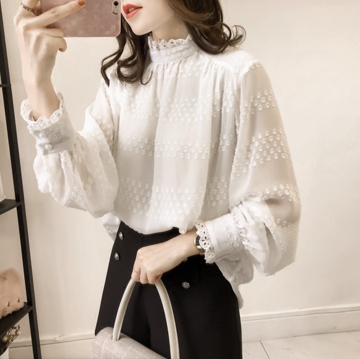 トップス シャツ ブラウス 長袖 ボリューム袖 ハーフハイカラー シフォン フリル レース 大人可愛い きれいめ シンプル カジュアル おしゃれ ガーリー ルーズ フォーマル 春 秋 セレモニー