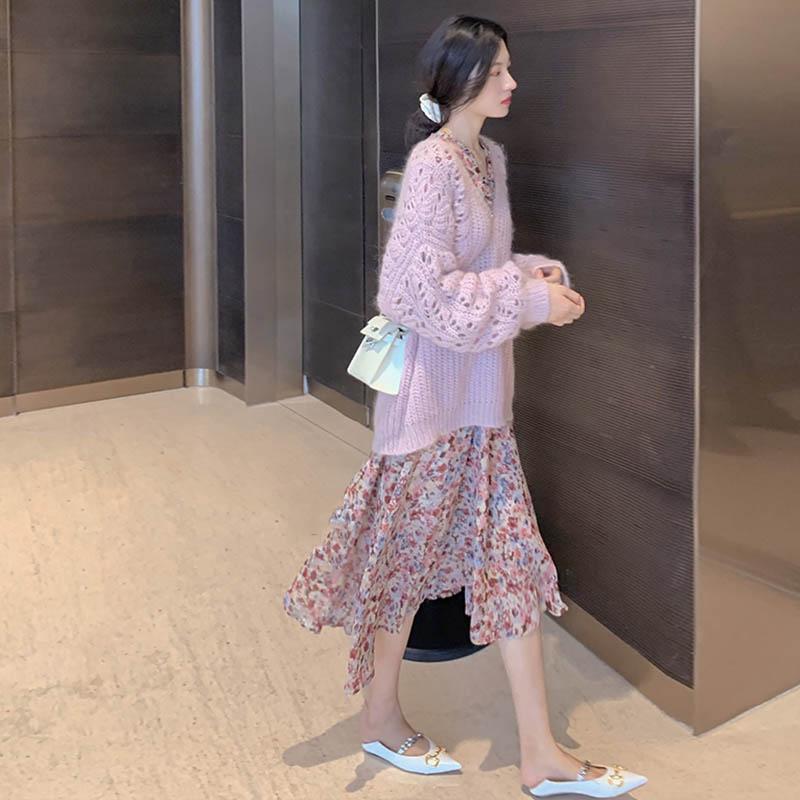 2点セット 全身コーデ 若見え ニットセーター セーター ワンピース デート ミモレ ミモレ丈 ミディアム丈 ミドル ミドル丈 袖あり Vネック 襟なし ふんわり ゆったり ツーピース かわいい