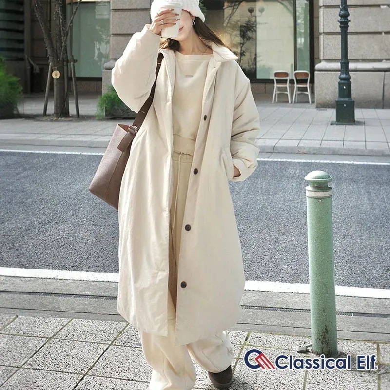 【marina×クラシカルエルフ】アウター コート レディース 中綿ロングコート 襟付き 軽い 暖かい 撥水機能付き ナイロン 軽やか 薄中綿入り 立体的 コクーンスリーブ