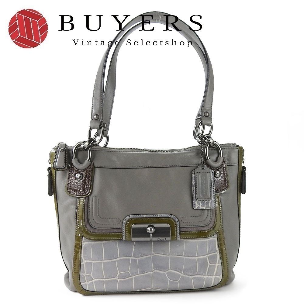 中古 トートバッグ 18303 レザー エナメル グレー 型押し 肩掛け レディース 女性