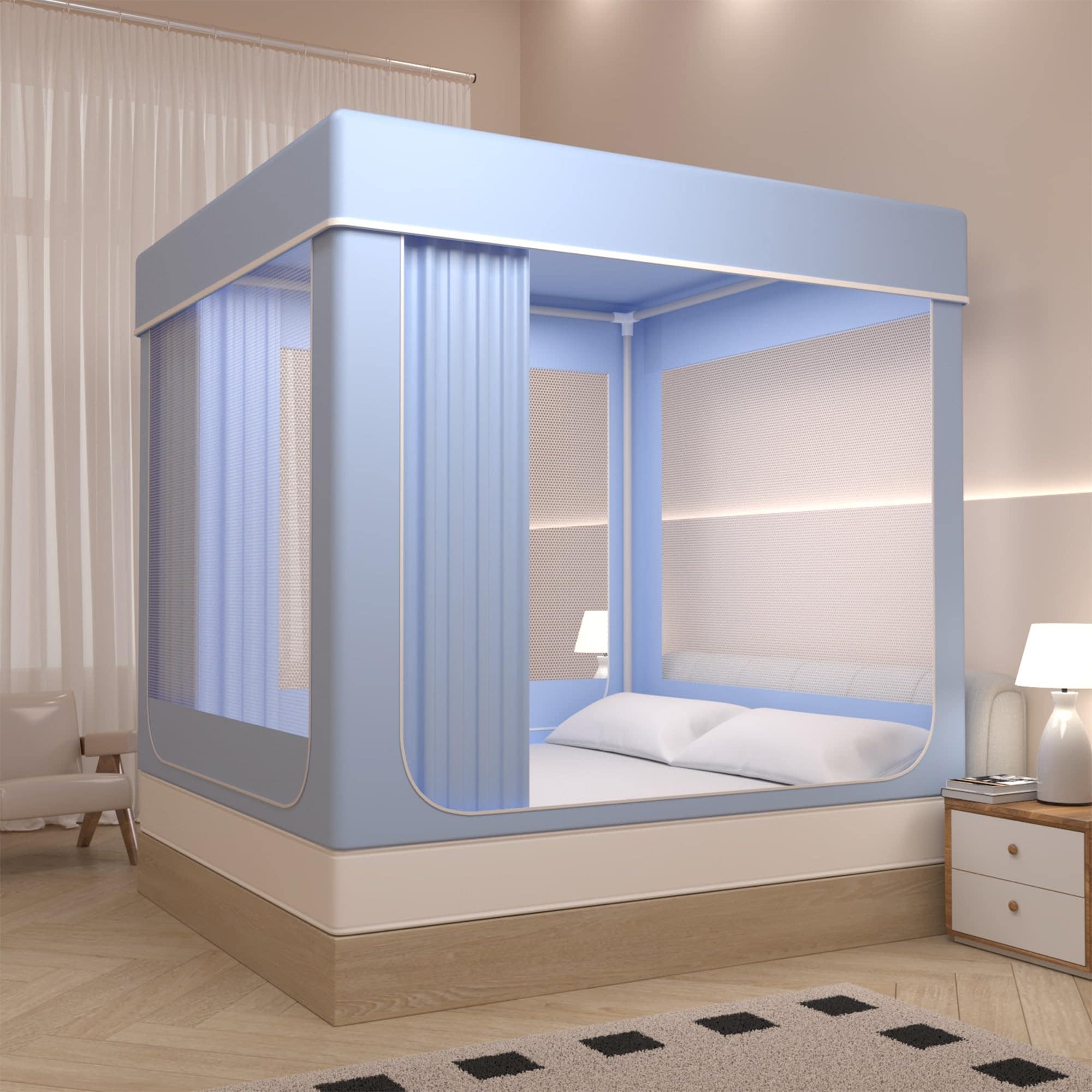 ベッドテント ベッドキャノピー ツインサイズ子供と大人用のポータブルドリームテント80%遮光プライベートスペース睡眠テント3ドア ソリッドカラーテントベッドキャノピー(Blue Full)