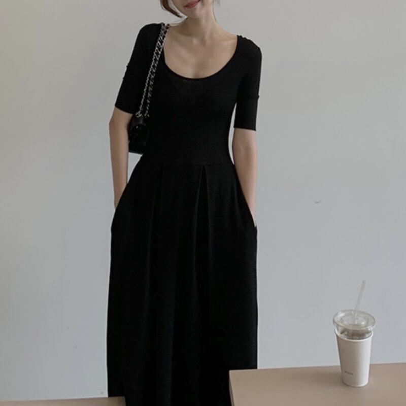 レディース ワンピース ロング丈 ブラック 半袖 シンプル おしゃれ オシャレ お洒落 春夏 277