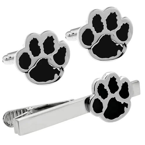 カフス ネクタイピン セット シルバー ブラック 肉球 犬 猫 カフスボタン カフリンクス タイクリップ タイピン