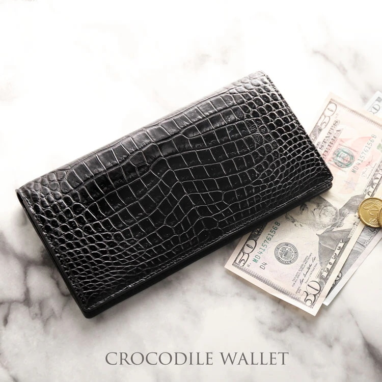 クロコダイル 長財布 センター取り 一枚革 マット 加工 ブラック 内装 本革 薄型 紙幣入れ 束入れ メンズ レディース ユニセックス 鰐革 ギフト プレゼント 4FA (06001720r)