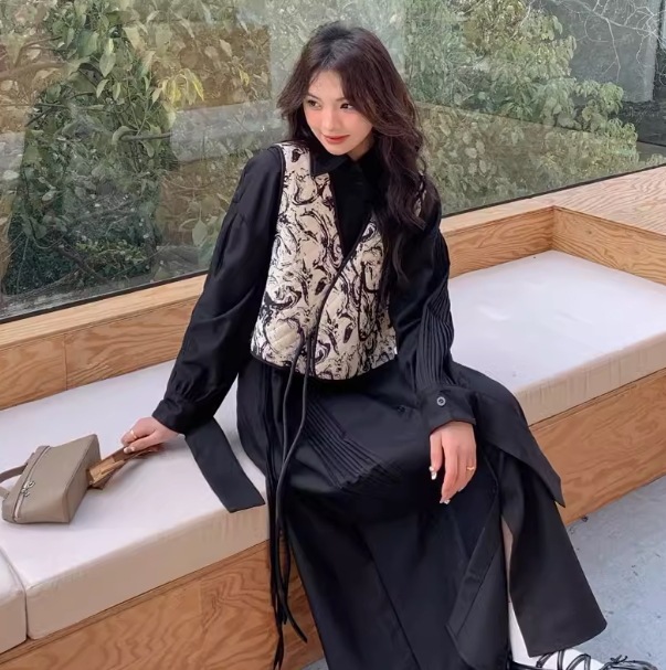 2点セット レディース セットアップ ベスト ワンピース ロング丈ワンピース ワンピース 膝丈 膝下 ロング丈 長袖 セミフレア Aライン ハイウエスト 異素材ミックス きれいめ カジュアル