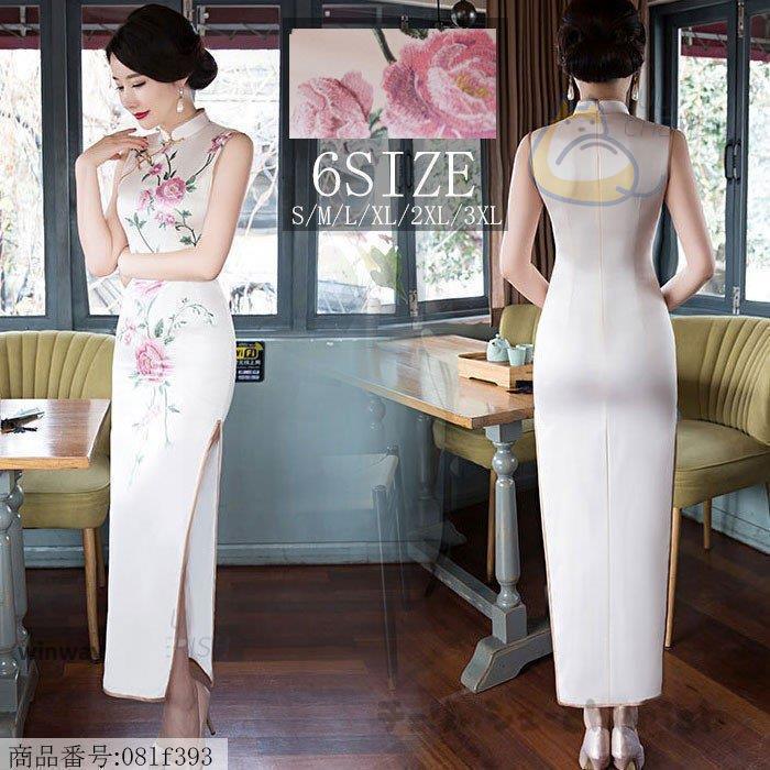【本日限定】チャイナドレス ロング チャイナドレス チャイナドレス ノースリーブ チャイナドレス 大きいサイズ チャイナドレス ストレッチ バラ柄 ホワイト 卒業式