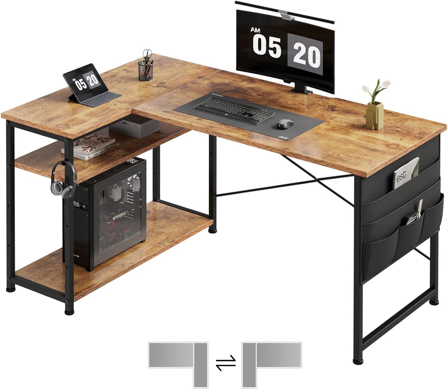 Maihail l字デスク 机 pcデスク 学習机 勉強机 パソコンデスク 右棚左棚 幅99cm コーナーデスク つくえ 棚板高さ調節可能 作業机 L字型 リモートワーク ラック付き ピンテージ