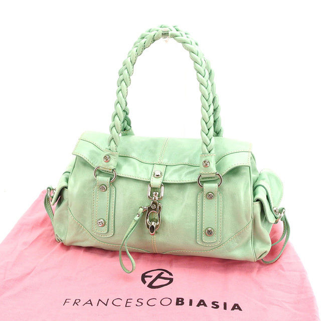 ハンドバッグ ブレードハンドル ロゴボタン付き グリーン シルバー 中古