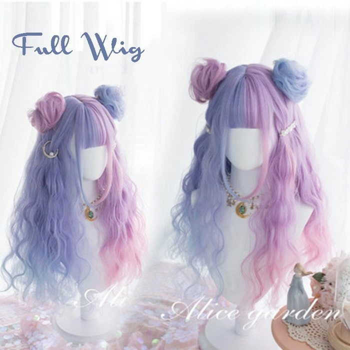 ウィッグ ロング グラデーション ツインお団子 ゆめかわ パステル ラベンダー ピンク ブルー 巻き髪 フルウィッグ 耐熱 ロリータ コスプレ 地雷系 量産型 レディース dp354c0c0m6