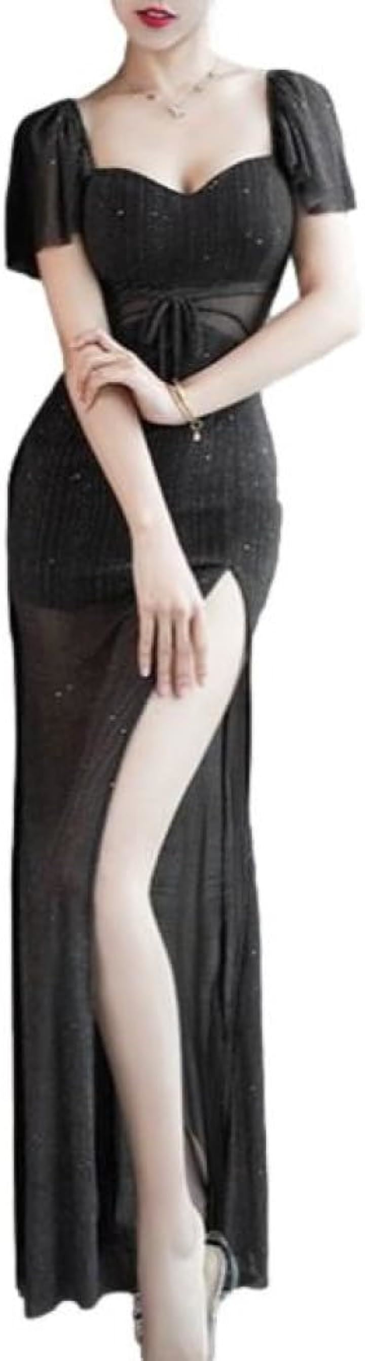 シースルー ワンピース ディープ スリット タイト ロング イブニングドレス 半袖 マキシ レディース EB4( ダークブラウン, S)