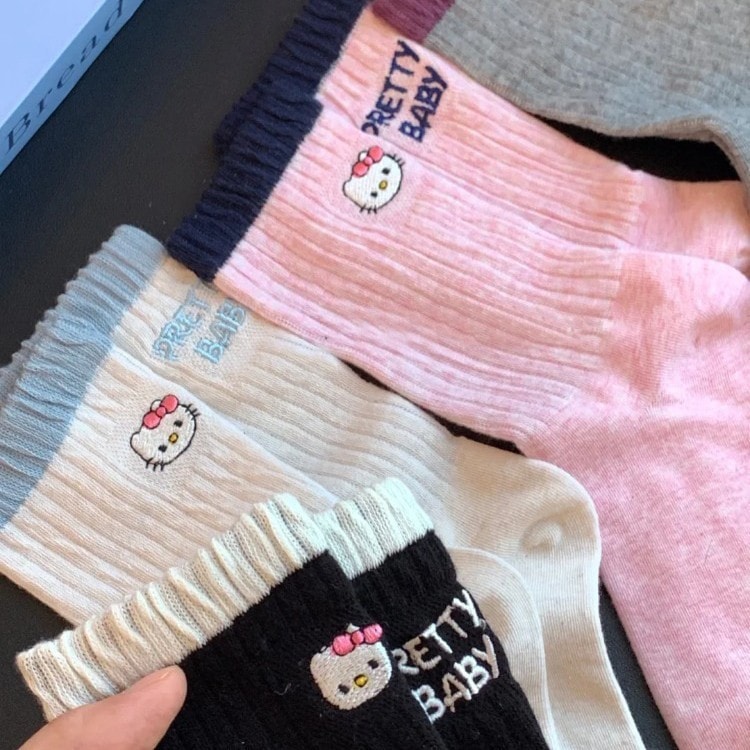 10個セット ソックス 女子 早秋 ガーター カラーブロック ミッドソックス 韓国風 ドパミン 踵文字 キャラKT猫