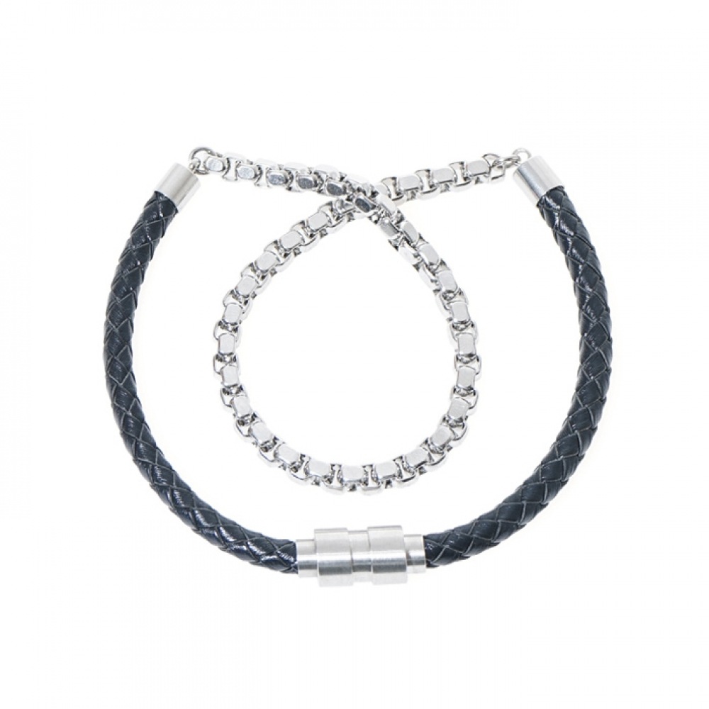 JBANS クラシックユニセックスダブルチェーンレザーカップルブレスレット (C1701-AC317BK)